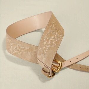 Maje Beige Suede Wide Embroidered Belt with Gold Buckle
